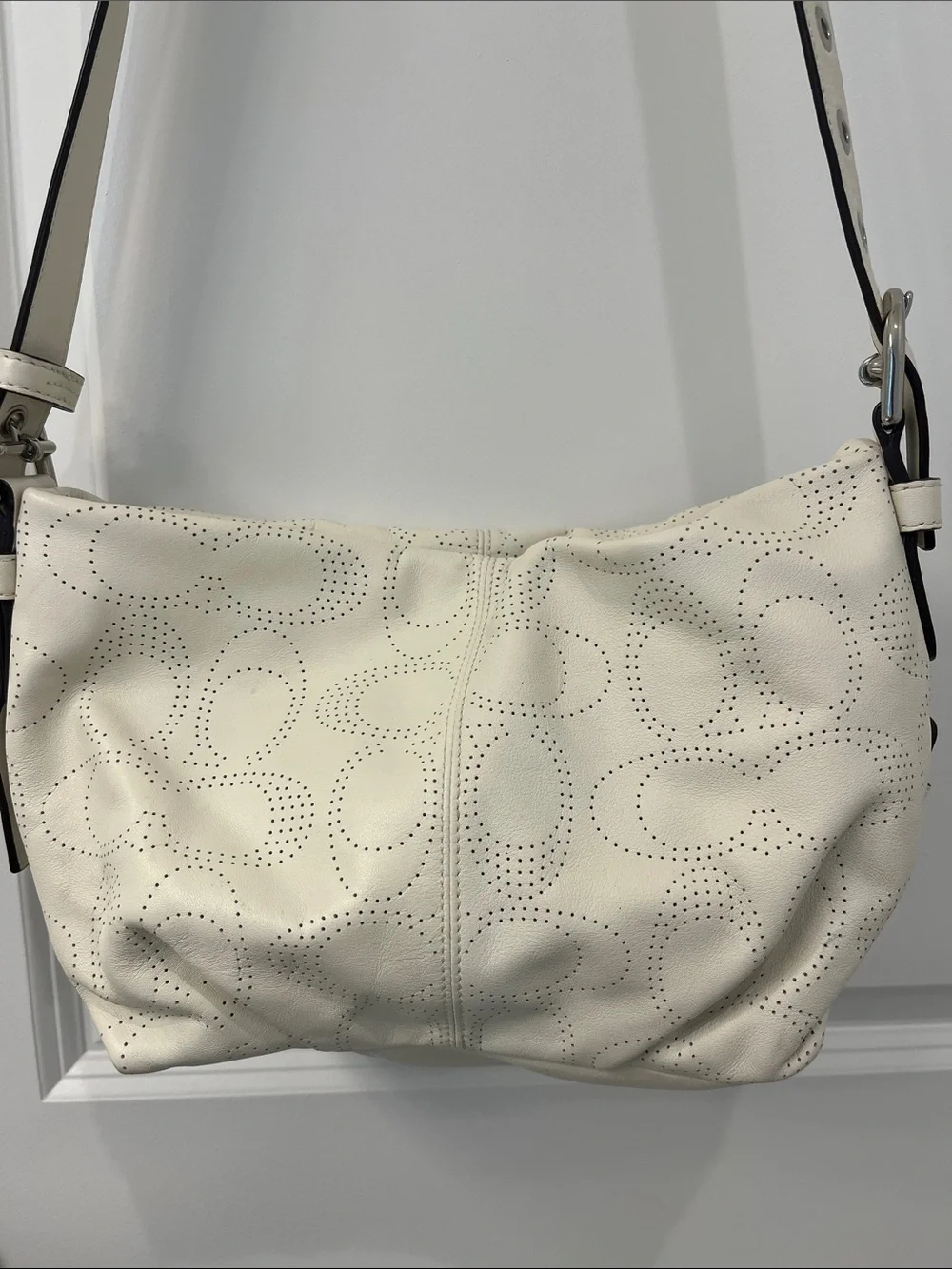 Coach Off White Perforated Signature Leather Shoulder Bag Pink Lining